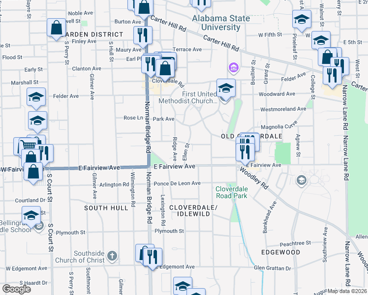 map of restaurants, bars, coffee shops, grocery stores, and more near 628 Thorn Place in Montgomery