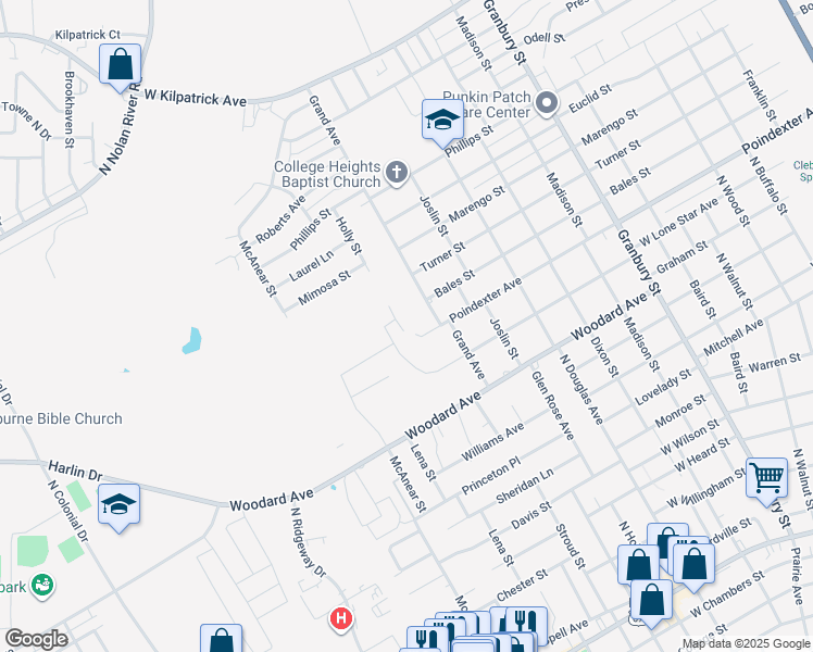 map of restaurants, bars, coffee shops, grocery stores, and more near 1211 Grand Avenue in Cleburne