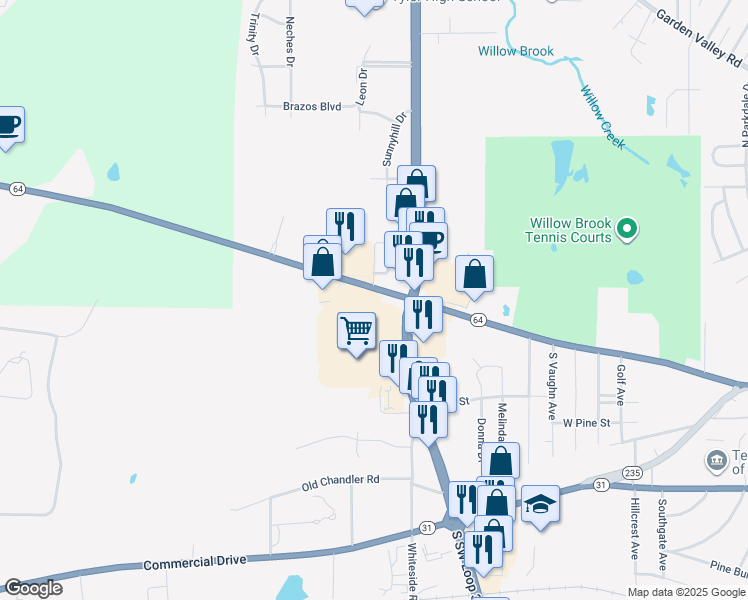 map of restaurants, bars, coffee shops, grocery stores, and more near 11331-11369 West Erwin Street in Tyler