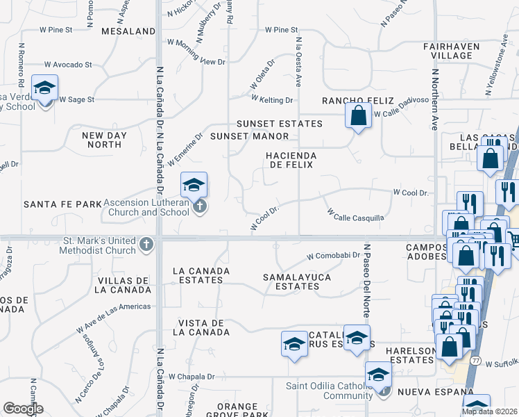 map of restaurants, bars, coffee shops, grocery stores, and more near 8050 North Wanda Road in Tucson