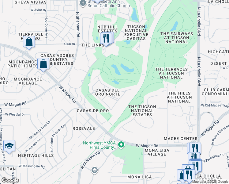 map of restaurants, bars, coffee shops, grocery stores, and more near 2636 West Casas Drive in Tucson