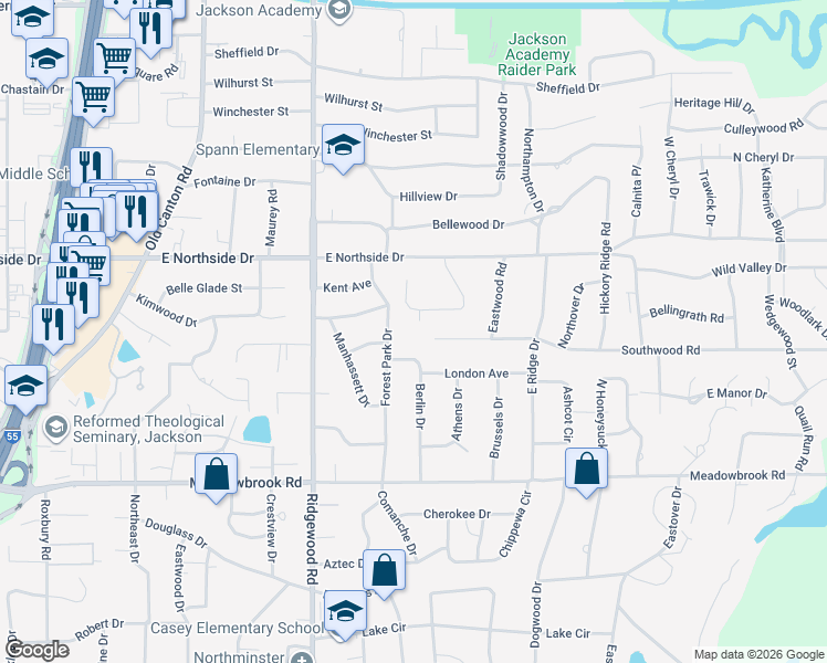map of restaurants, bars, coffee shops, grocery stores, and more near 101 Kirkwood Court in Jackson