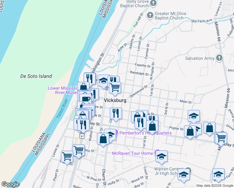 map of restaurants, bars, coffee shops, grocery stores, and more near 1000 Main St in Vicksburg