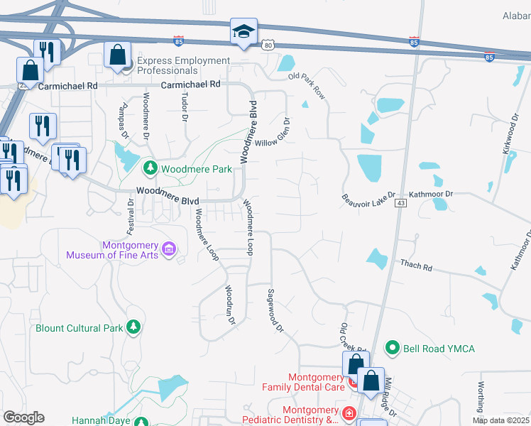 map of restaurants, bars, coffee shops, grocery stores, and more near 6118 Helga Place in Montgomery