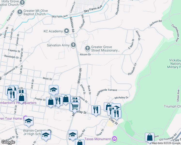 map of restaurants, bars, coffee shops, grocery stores, and more near 712 Maurice Avenue in Vicksburg