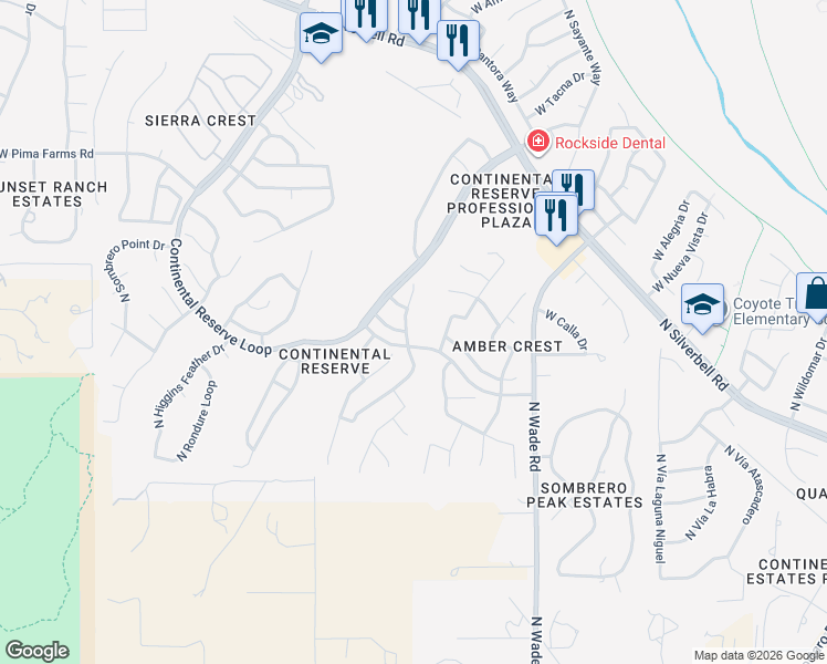 map of restaurants, bars, coffee shops, grocery stores, and more near 8072 North Wayward Star Drive in Tucson