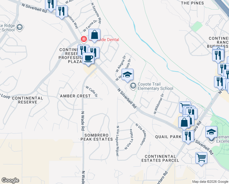 map of restaurants, bars, coffee shops, grocery stores, and more near 8057 North Vía Laguna Niguel in Tucson