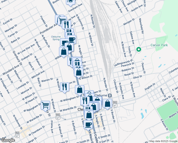 map of restaurants, bars, coffee shops, grocery stores, and more near 201 Locust St in Cleburne