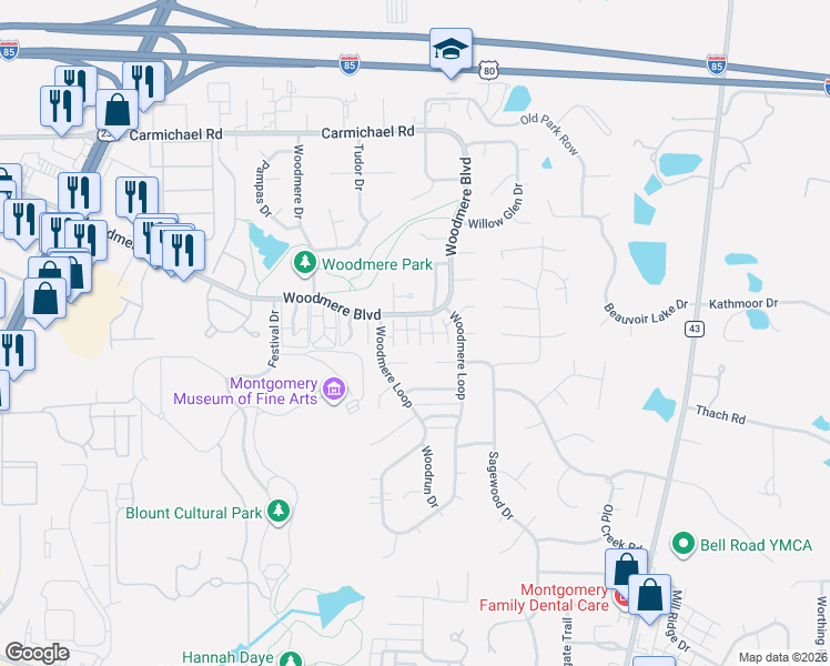 map of restaurants, bars, coffee shops, grocery stores, and more near 1607 Salisbury Place in Montgomery