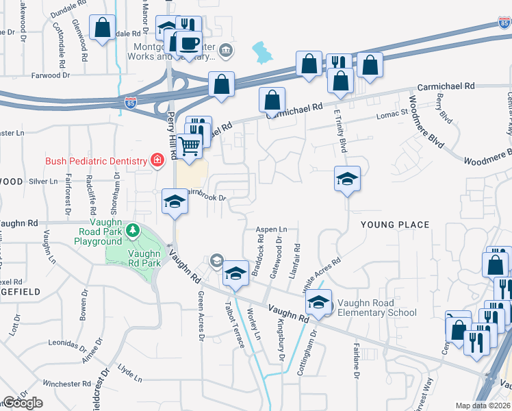 map of restaurants, bars, coffee shops, grocery stores, and more near 4017 Raffles Drive in Montgomery