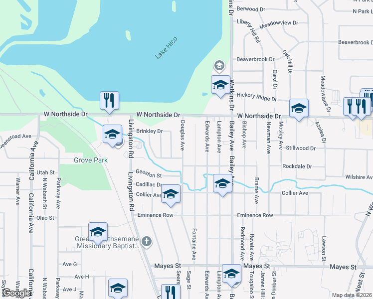 map of restaurants, bars, coffee shops, grocery stores, and more near 3750 Douglas Avenue in Jackson