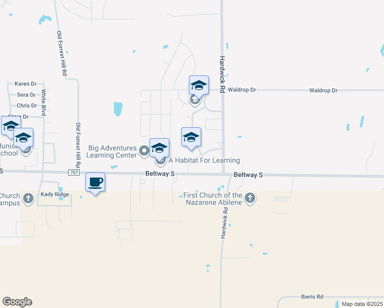 map of restaurants, bars, coffee shops, grocery stores, and more near 3158 Beltway South in Abilene