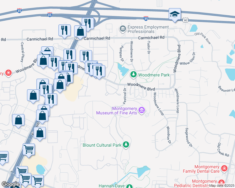 map of restaurants, bars, coffee shops, grocery stores, and more near Windsor Downs Court in Montgomery