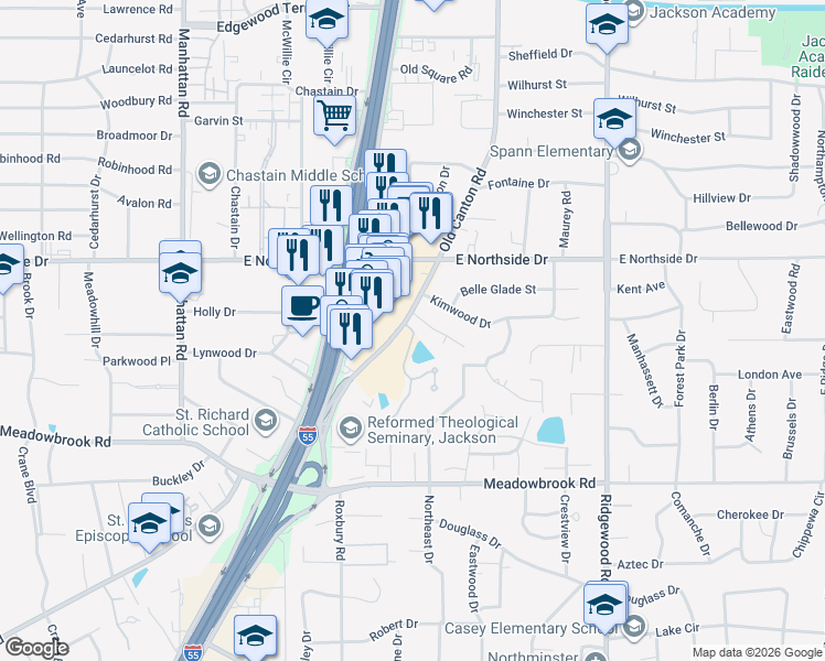map of restaurants, bars, coffee shops, grocery stores, and more near 98 Eastparke Dr in Jackson