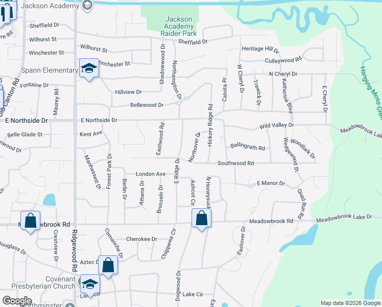 map of restaurants, bars, coffee shops, grocery stores, and more near 4415 Northover Drive in Jackson