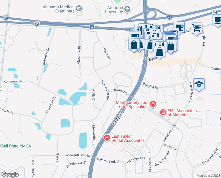 map of restaurants, bars, coffee shops, grocery stores, and more near 1371 Meriwether Road in Montgomery