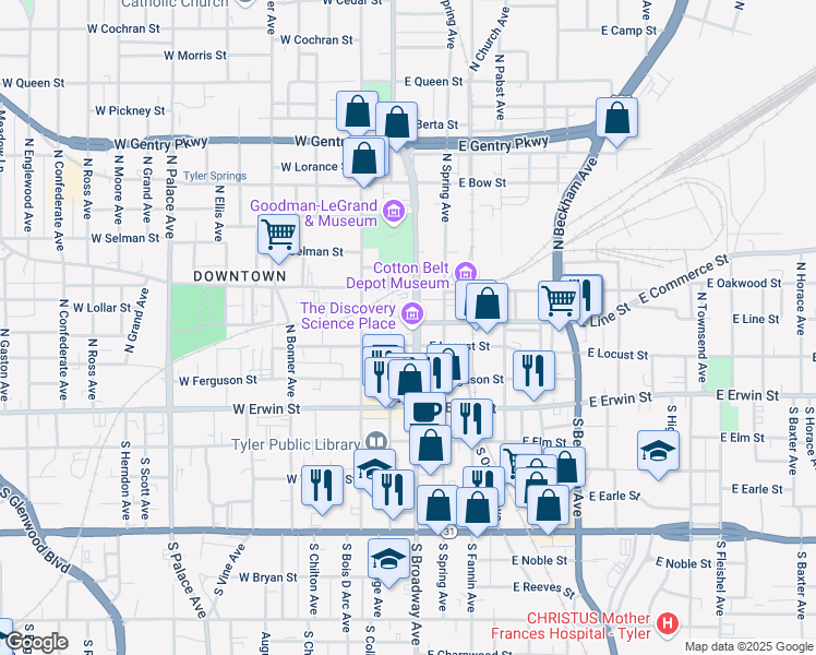 map of restaurants, bars, coffee shops, grocery stores, and more near 314 North Broadway Avenue in Tyler