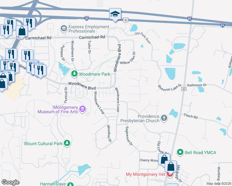 map of restaurants, bars, coffee shops, grocery stores, and more near 2121 Woodmere Loop in Montgomery