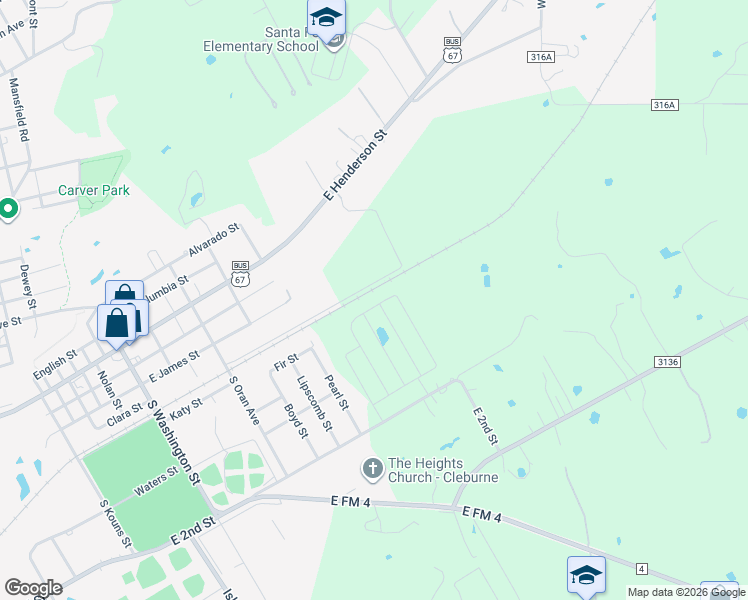 map of restaurants, bars, coffee shops, grocery stores, and more near 401 Fir Street in Cleburne