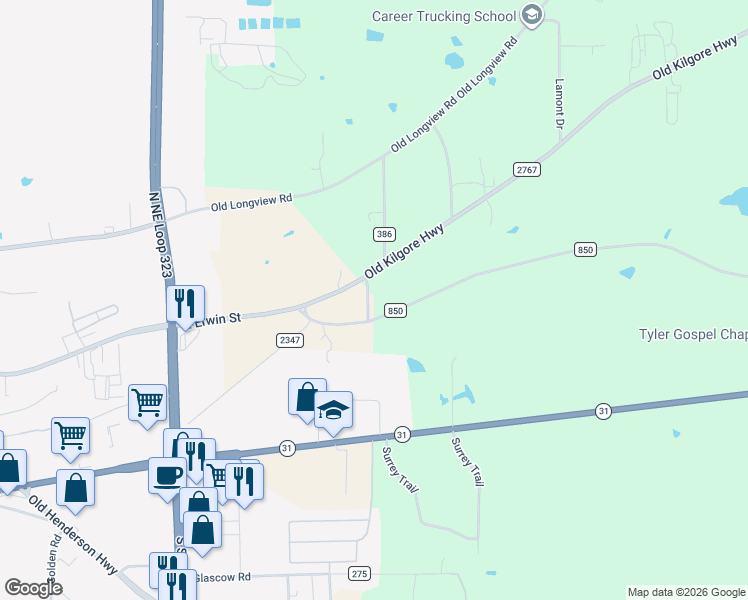 map of restaurants, bars, coffee shops, grocery stores, and more near 4895 Fm 850 in Tyler