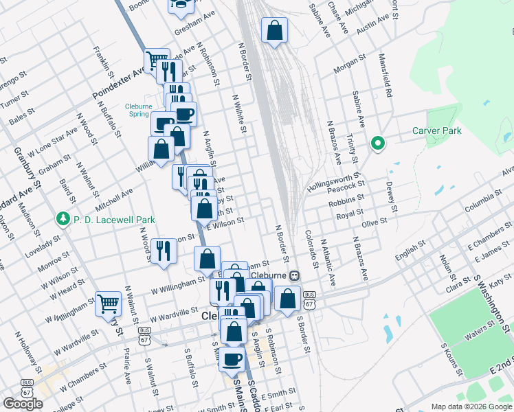 map of restaurants, bars, coffee shops, grocery stores, and more near 300 Heath Street in Cleburne