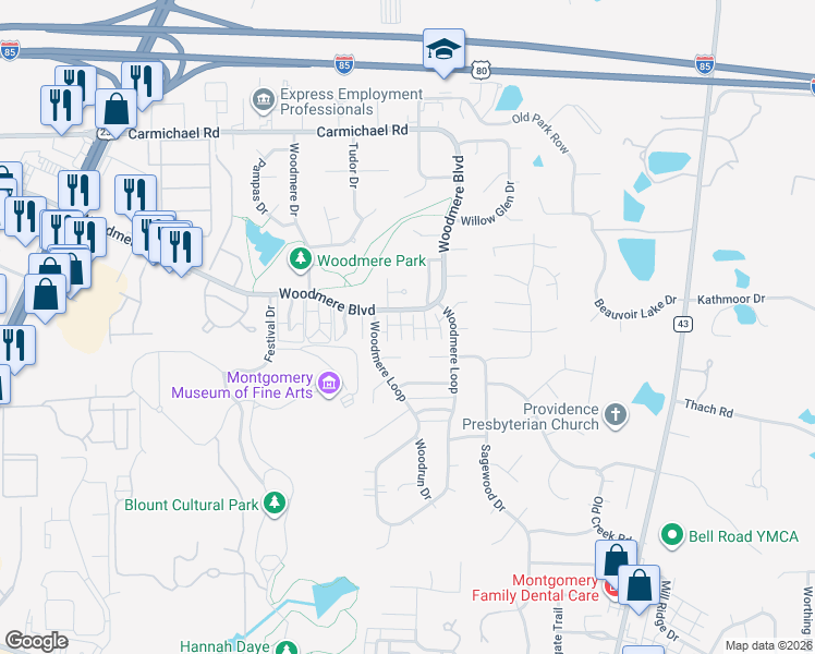 map of restaurants, bars, coffee shops, grocery stores, and more near 1607 Salisbury Place in Montgomery