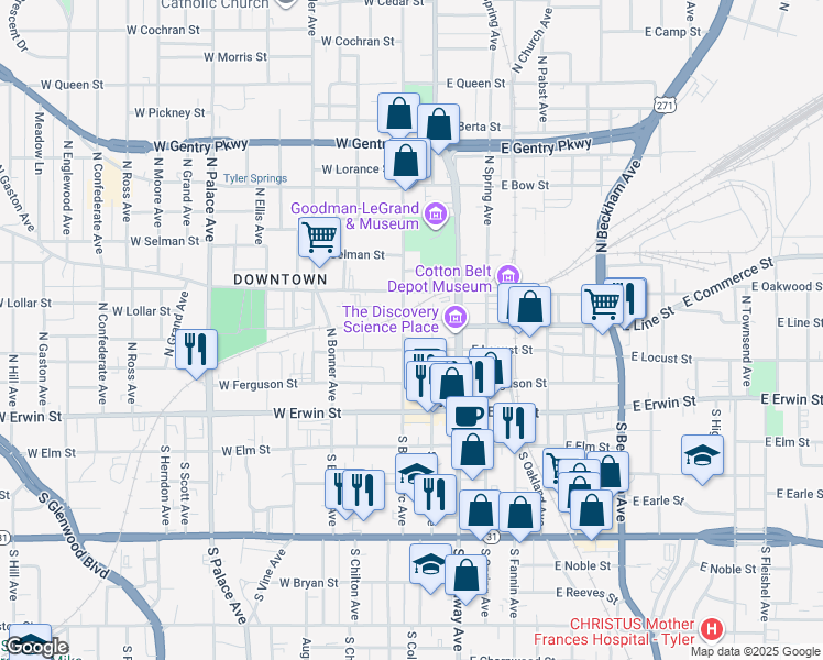 map of restaurants, bars, coffee shops, grocery stores, and more near 317 N Bois D Arc Ave in Tyler