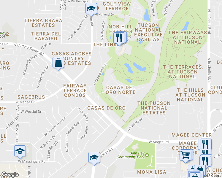 map of restaurants, bars, coffee shops, grocery stores, and more near 2788 West Casas Drive in Tucson