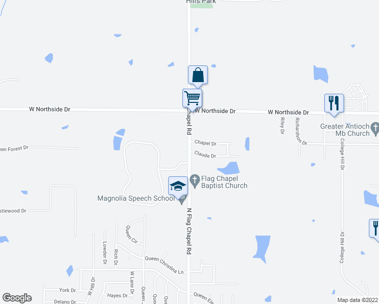 map of restaurants, bars, coffee shops, grocery stores, and more near 101 Claude Drive in Jackson