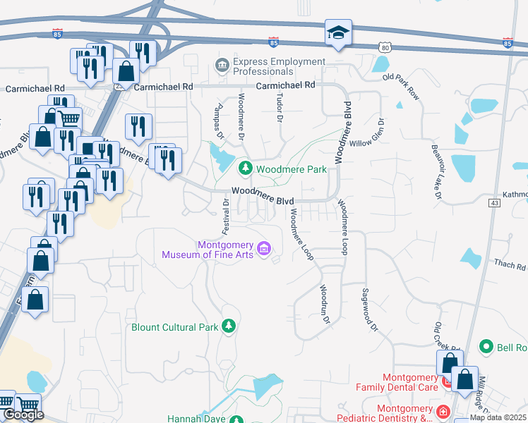 map of restaurants, bars, coffee shops, grocery stores, and more near 1621 Cobblestone Court in Montgomery