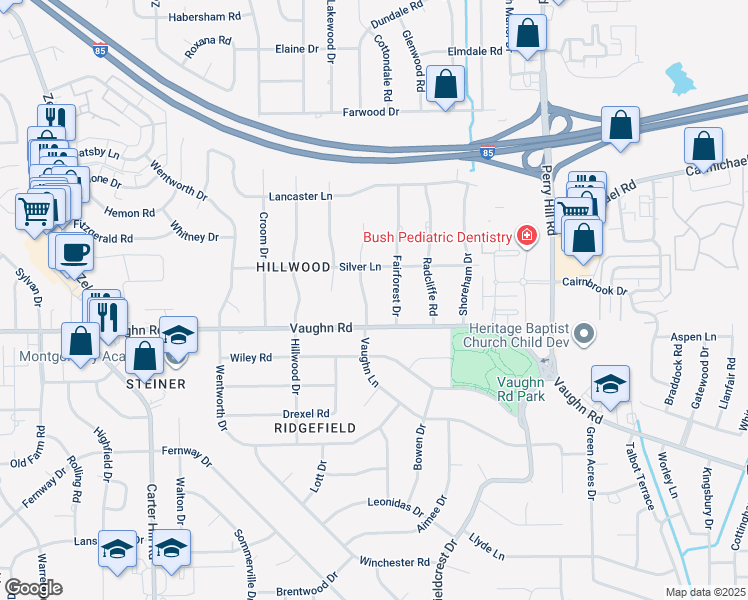 map of restaurants, bars, coffee shops, grocery stores, and more near 1821 Vaughn Lane in Montgomery