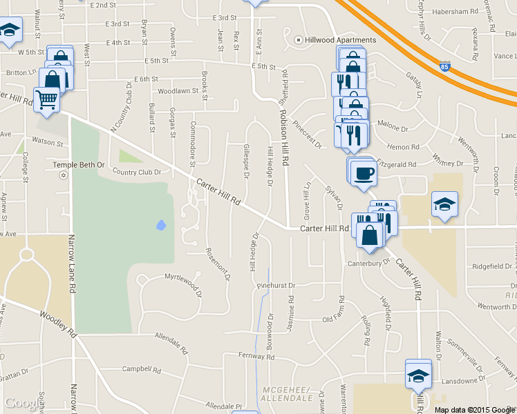 map of restaurants, bars, coffee shops, grocery stores, and more near 2535 Carter Hill Road in Montgomery