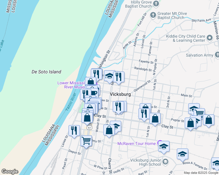 map of restaurants, bars, coffee shops, grocery stores, and more near 822 Main Street in Vicksburg