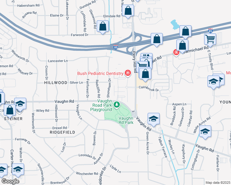 map of restaurants, bars, coffee shops, grocery stores, and more near 1712 Windsor Hill Boulevard in Montgomery