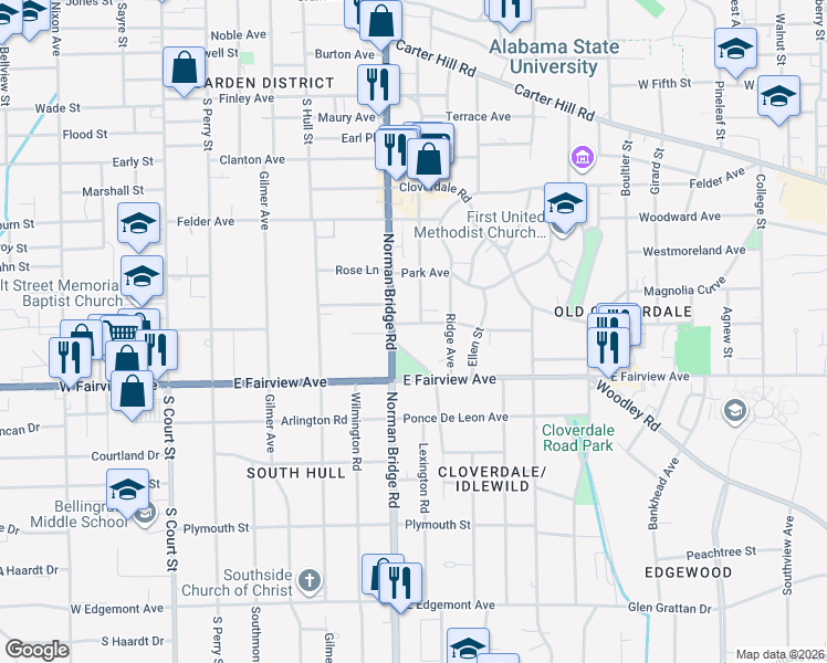map of restaurants, bars, coffee shops, grocery stores, and more near 402 Thorn Place in Montgomery