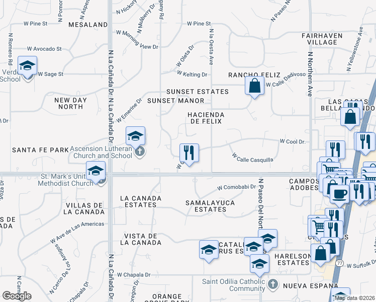 map of restaurants, bars, coffee shops, grocery stores, and more near 8050 North Wanda Road in Tucson