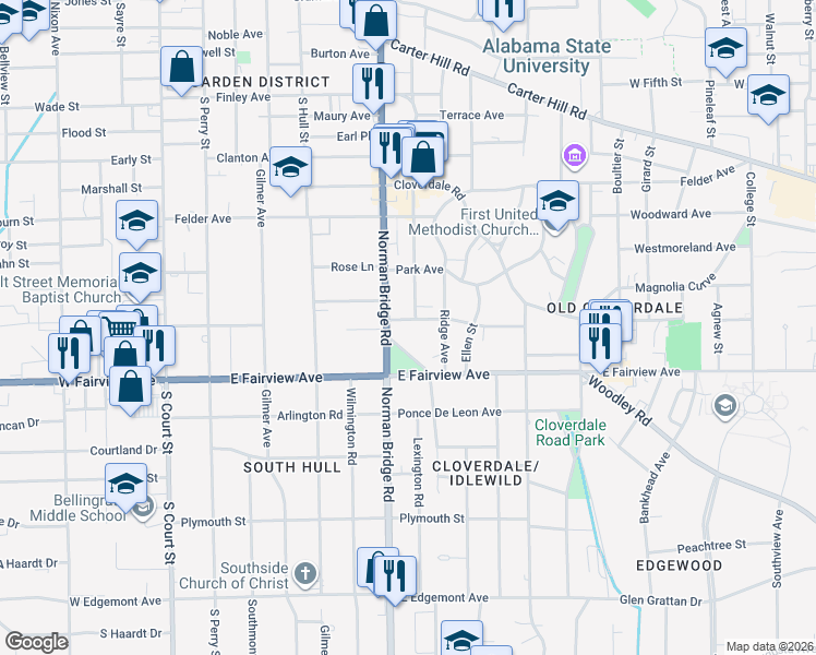 map of restaurants, bars, coffee shops, grocery stores, and more near 402 Thorn Place in Montgomery