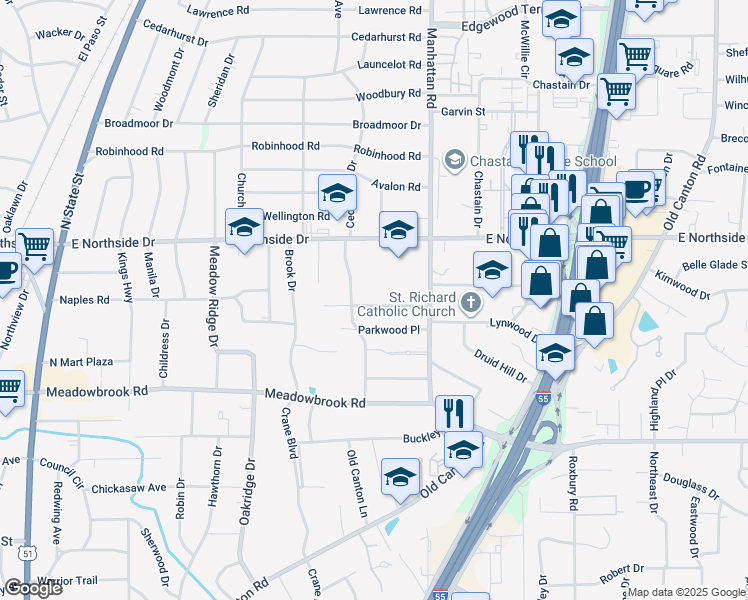 map of restaurants, bars, coffee shops, grocery stores, and more near 1034 Meadow Heights Drive in Jackson