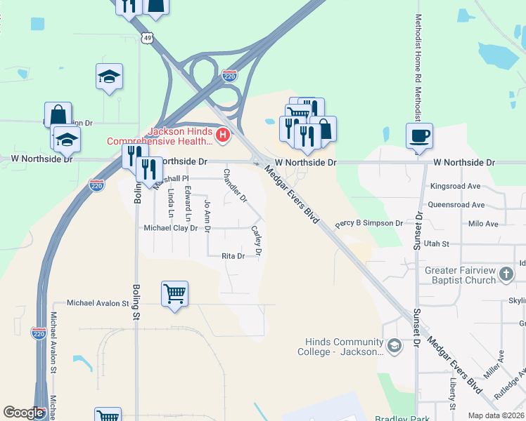 map of restaurants, bars, coffee shops, grocery stores, and more near 1908 Chandler Drive in Jackson