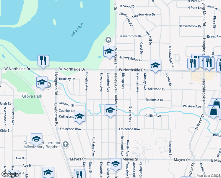 map of restaurants, bars, coffee shops, grocery stores, and more near 3744 Lampton Avenue in Jackson