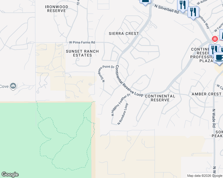 map of restaurants, bars, coffee shops, grocery stores, and more near 7679 West Innutian Court in Tucson