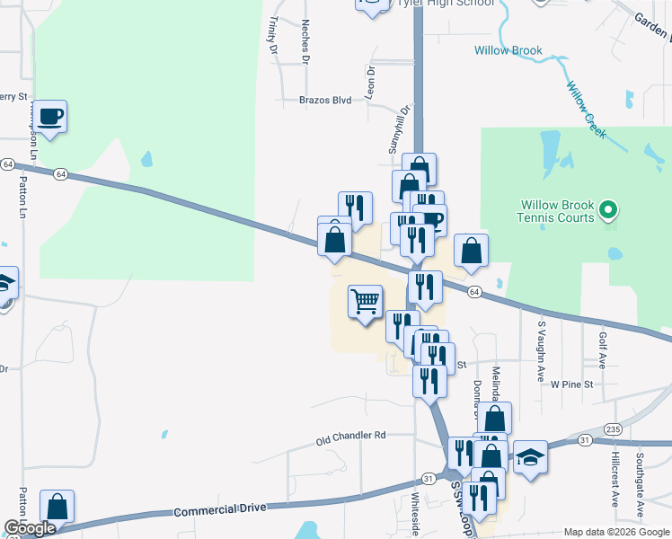 map of restaurants, bars, coffee shops, grocery stores, and more near 3860 Texas 64 in Tyler