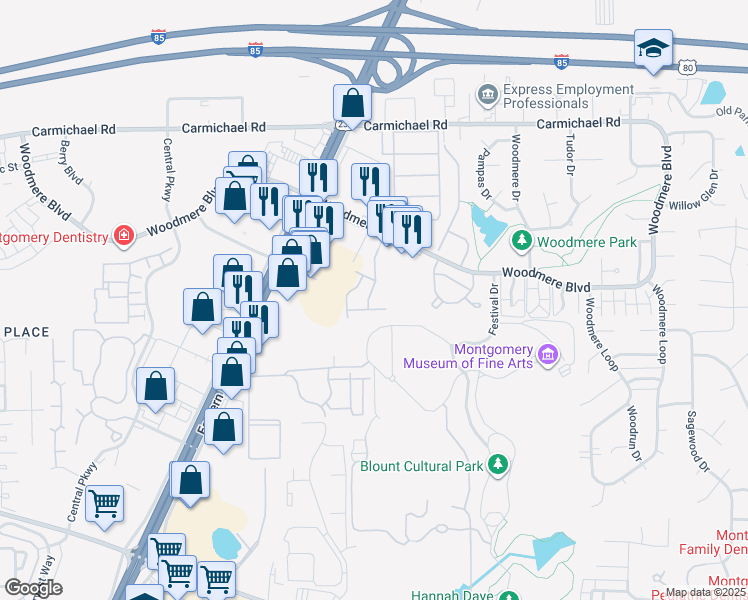 map of restaurants, bars, coffee shops, grocery stores, and more near 1803 Festival Lane in Montgomery