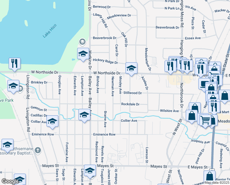 map of restaurants, bars, coffee shops, grocery stores, and more near 3744 Newman Ave in Jackson