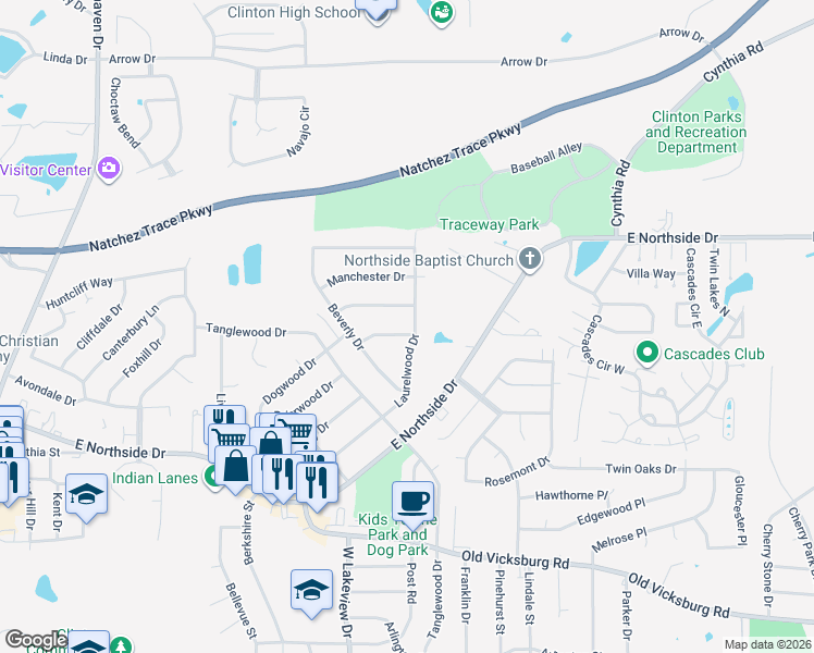 map of restaurants, bars, coffee shops, grocery stores, and more near 1213 Dogwood Drive in Clinton