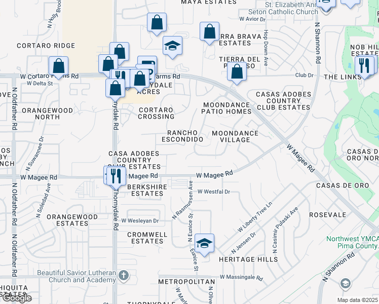 map of restaurants, bars, coffee shops, grocery stores, and more near 8115 North Midnight Way in Tucson