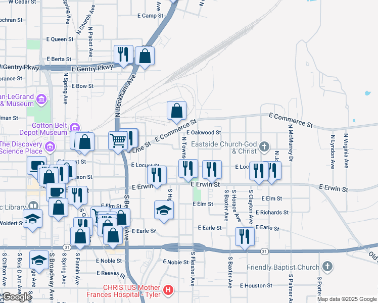 map of restaurants, bars, coffee shops, grocery stores, and more near 1029 East Line Street in Tyler