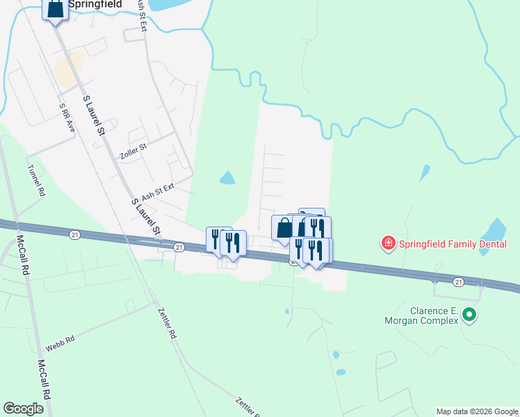 map of restaurants, bars, coffee shops, grocery stores, and more near 117 Ebenezer Bluff Road in Springfield