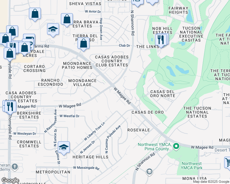map of restaurants, bars, coffee shops, grocery stores, and more near 3020 West Trevi Place in Tucson