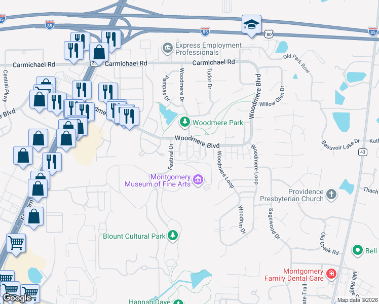 map of restaurants, bars, coffee shops, grocery stores, and more near 1624 Cobblestone Court in Montgomery